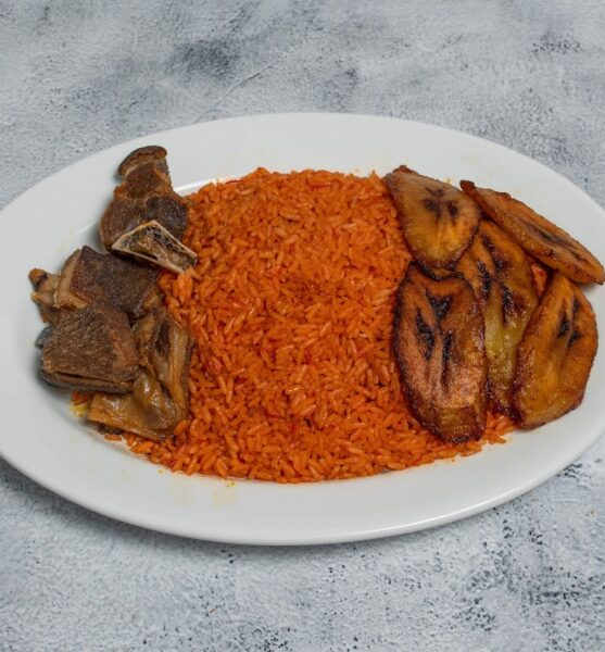 jollof w goat + plantain